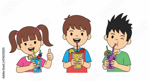 Cartoon kids joyfully drinking healthy fruit smoothies, promoting wellness and healthy lifestyle habits for children, a fun and vibrant illustration