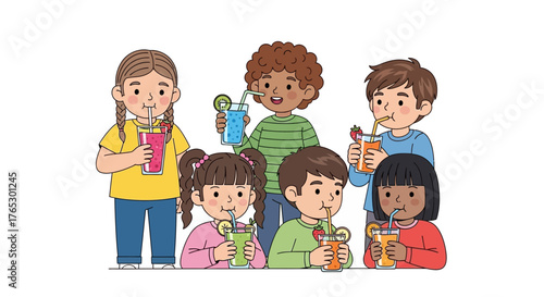 Cheerful diverse children enjoy delicious fruit smoothies together, promoting healthy eating and vibrant lifestyles, perfect for family-friendly campaigns