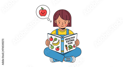 Girl enjoying a book about healthy eating, dreaming of a delicious apple, promoting nutrition education and the fun of learning about fruits and vegetables
