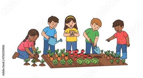 Delightful children's garden with kids planting carrots, tomatoes, and lettuce together, teaching healthy eating habits, outdoor education, vector illustration
