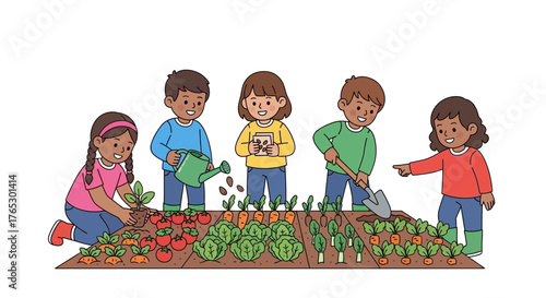 Diverse group of cheerful kids planting vegetables in vibrant community garden, teaching children about nutrition and sustainable living through hands-on learning