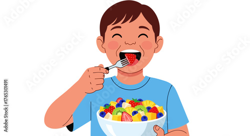 Happy young boy enjoys eating a refreshing fruit salad, a healthy snack packed with vitamins and flavor, promoting wellness and a balanced lifestyle.