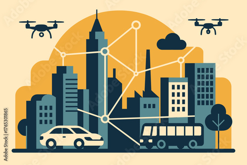 Connected smart icon text minimalism city cyrillic vector digital linked characters typography