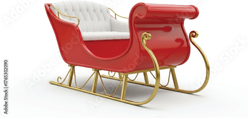 Classic red Santa sleigh with gold runners and tufted white seat, high‑gloss 3D rendering on pure white background, elegant Christmas transport symbol for promotions and layouts.