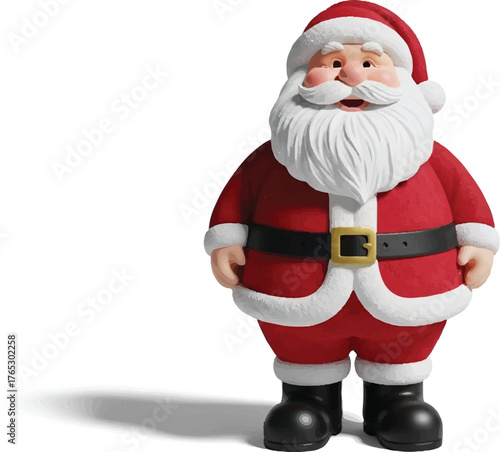 Cute 3D Santa Claus character isolated on white, red suit with belt, fluffy beard and hat, soft lighting and shadow, playful mascot for Christmas.