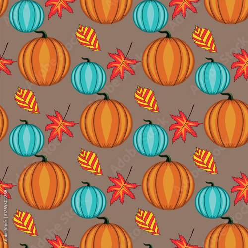 Seamless pattern with cartoon vector pumpkins and leaves. Autumn background