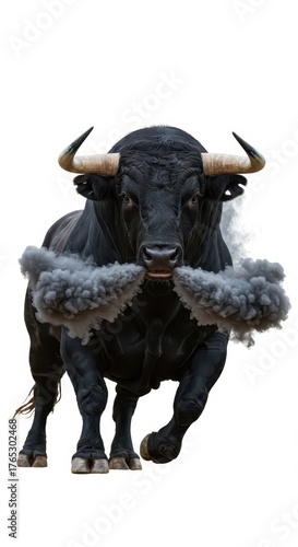 Ferocious black bull charges forward emitting thick plumes of dark smoke from its nostrils
