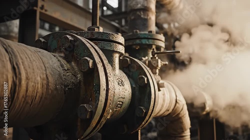 Industrial Pipeline with Valve and Steam Emission in Factory Setting