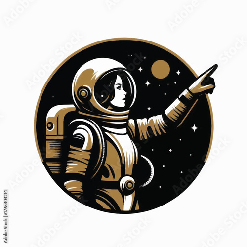 Illustration of a female astronaut in a spacesuit pointing towards the future.