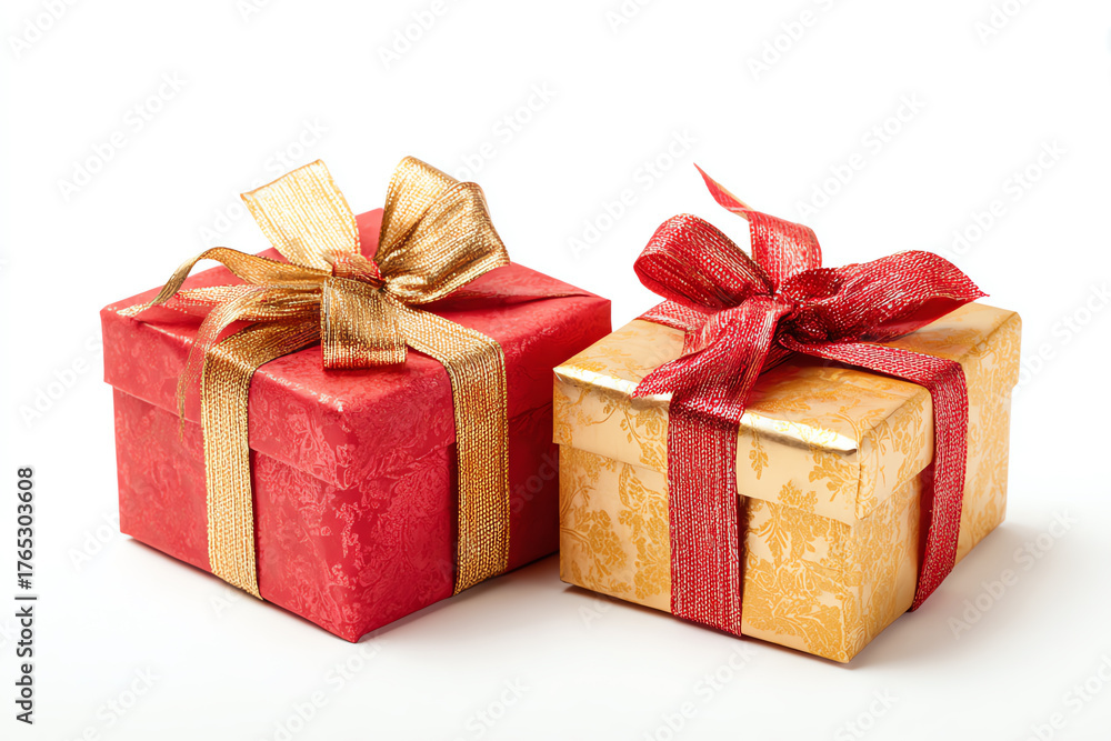 Obraz premium Wrapped Treasures of Joy: Two beautifully wrapped gifts, adorned with elegant bows in contrasting colors, stand side by side, radiating the essence of celebration, surprise, and the joy of giving. 