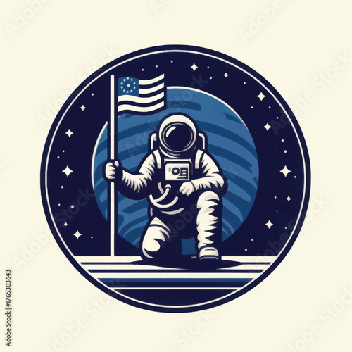 Astronaut Kneeling on a Planet with American Flag.