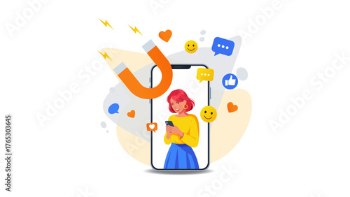 Illustration of woman using smartphone with magnet attracting likes isolated on white background