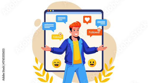 Illustration of man using social media platform isolated on white background