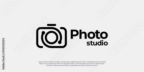 Modern and minimalist photo studio logo featuring a camera with a pixel effect and eye-shaped lens. Perfect for photography, media, and digital creative businesses.