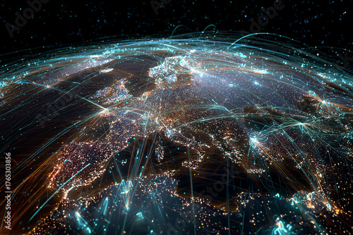 Global Connectivity: A mesmerizing depiction of planet Earth, crisscrossed by glowing lines that symbolize global connectivity, networks, and communication. A visualization of the digital age.