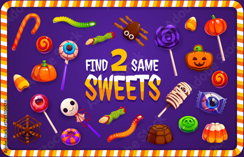 Find two same Halloween sweets, eyeball lollipops and spider shaped sweets. Candy corn, pumpkin pops and chocolate spiders with gummy worms for kids Halloween vector game to find two same candies
