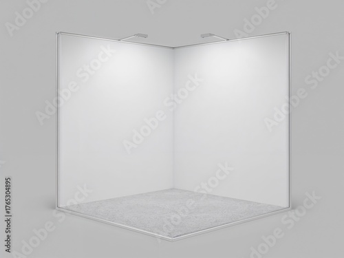 Empty white exhibition booth corner mockup. Trade show stand with spotlights on a gray background.