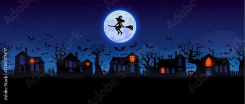 Night Halloween spooky town vector silhouette with black haunted houses, crooked trees, flocks of bats and jack o lanterns. Witch flying on broom above dark houses in night town for Halloween holiday
