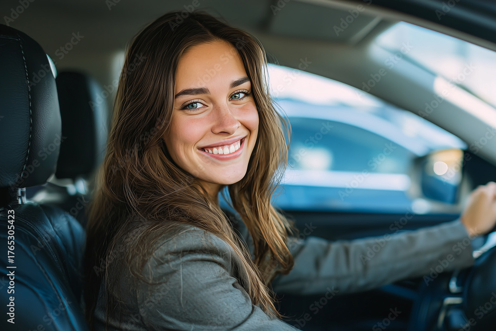 Naklejka premium Smiling woman sitting in car driver seat
