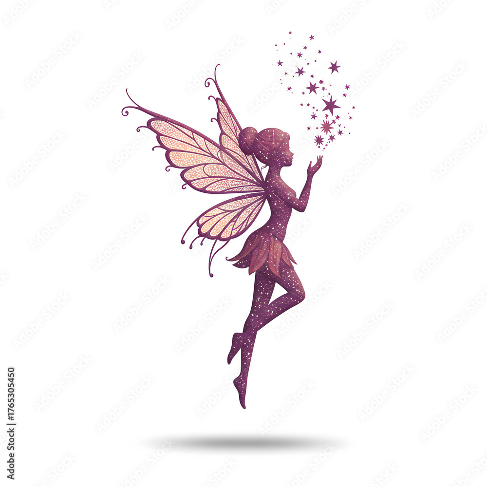 Obraz premium Fairy silhouette with starbursts and wings illustration transparent background