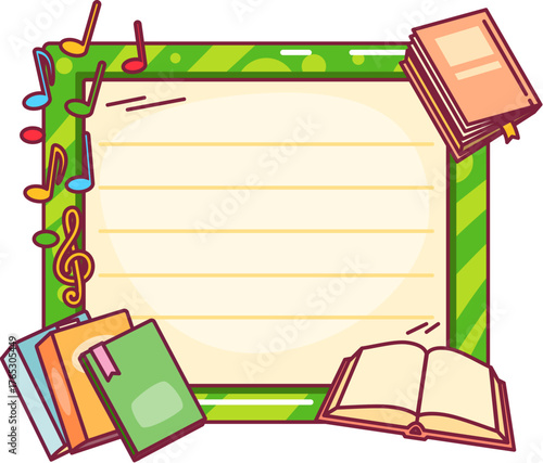 School education kids memo note frame with green border, lines and playful decorations as books, music notes and an open notebook. Cartoon vector educational template for schedules or announcements