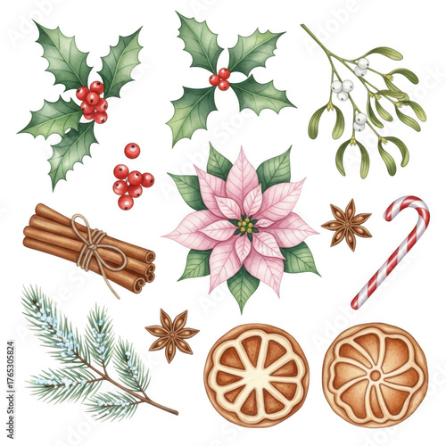 Festive watercolor christmas elements collection for holiday decoration and design projects isolated on transparent background