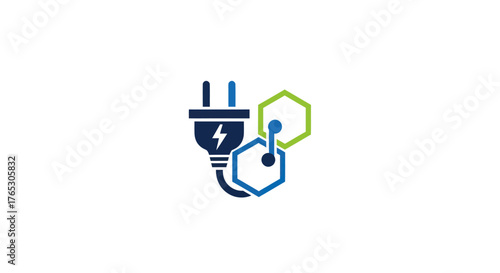 Technology and energy concept logo with plug and hexagons.
