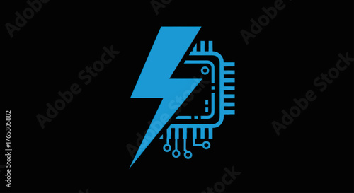 Blue lightning bolt combined with a computer microprocessor icon.