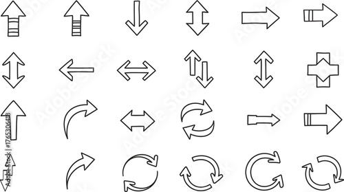 Collection of hand drawn arrow icons representing direction movement and navigation in a simple sketch style