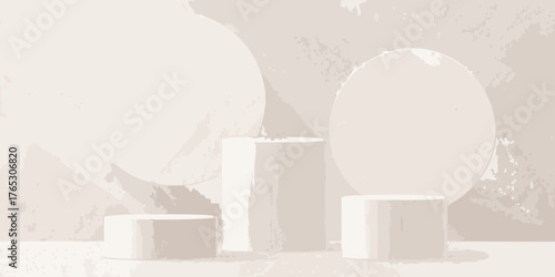 Minimalist abstract background with three cylindrical podiums and two large circles