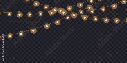 Warm glowing string lights draped across a dark checkered background for festive decoration