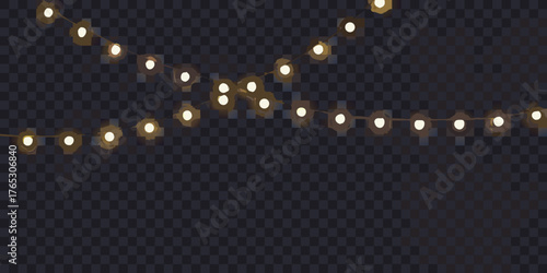 Warm glowing string lights create a festive atmosphere against a dark checkered background