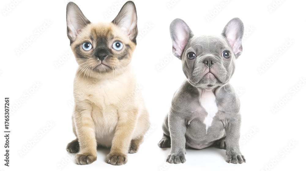 Obraz premium Two cute puppies sitting together against white background. Siamese kitten and French Bulldog puppy posing side by side in studio portrait showing friendship between different pet species.