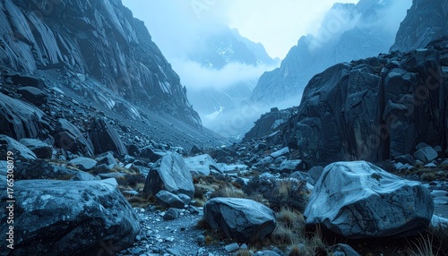 Dramatic Mountain Valley Landscape with Rocks and Mist.