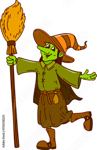 Groovy cartoon witch character with green skin and happy face dances with broomstick. Funky female enchantress wear brown dress and fancy hat for Spooky Halloween party