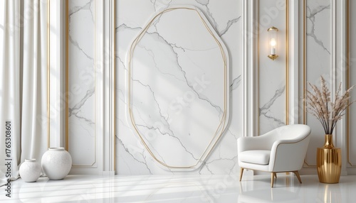 a modern interior design showcase. the focal point is a large marble wall featuring gold veins with geometric patterns