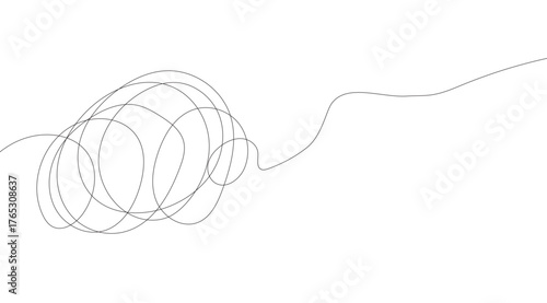 A delicate black line art illustration features a chaotic yet intriguing swirl of circles on a pristine white background, transitioning to a more relaxed single flowing line.