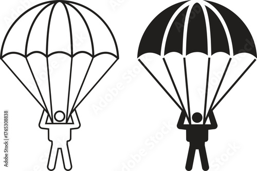 Paratrooper with parachute vector icon set. Skydiving with parachute icons isolated on transparent background. Paratrooper with Parachute Gear hand drawing icon collection for web and graphic design.