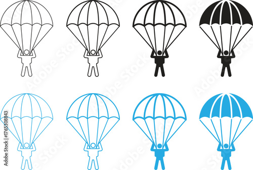 Paratrooper with parachute vector icon set. Skydiving with parachute icons isolated on transparent background. Paratrooper with Parachute Gear hand drawing icon collection for web and graphic design.