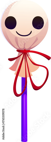 Cartoon Halloween sweet lollipop wrapped like a little ghost with a smiling face. White candy with red ribbon bow and purple stick. Vector funny ghost lollipop with cute eyes and mouth for holiday