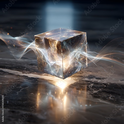 Glowing Energy Cube with Light Trails on Dark Surface Background