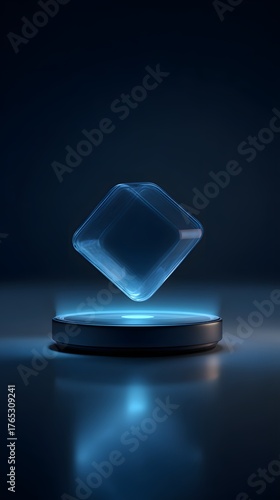 Floating Transparent Cube with Soft Blue Light on Dark Background