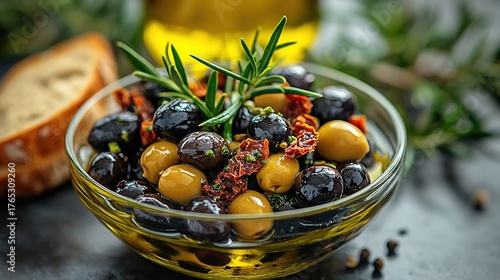 Fototapeta Naklejka Na Ścianę i Meble -  Bowl of Marinated Olives with Sun - Dried Tomatoes, Herbs and Rosemary, Served with Slices of Bread