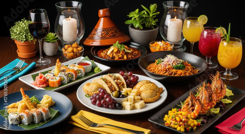 International feast with sushi, empanadas, pasta, and shrimp platters