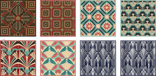 Set of Luxury Art Deco Seamless Patterns Vector, Vintage 1920s Geometric and Floral Background Designs, Gatsby Style Texture Collection.