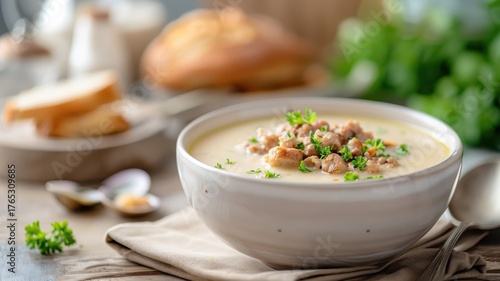 A bowl of New England clam chowder enriched with smoky sausage.