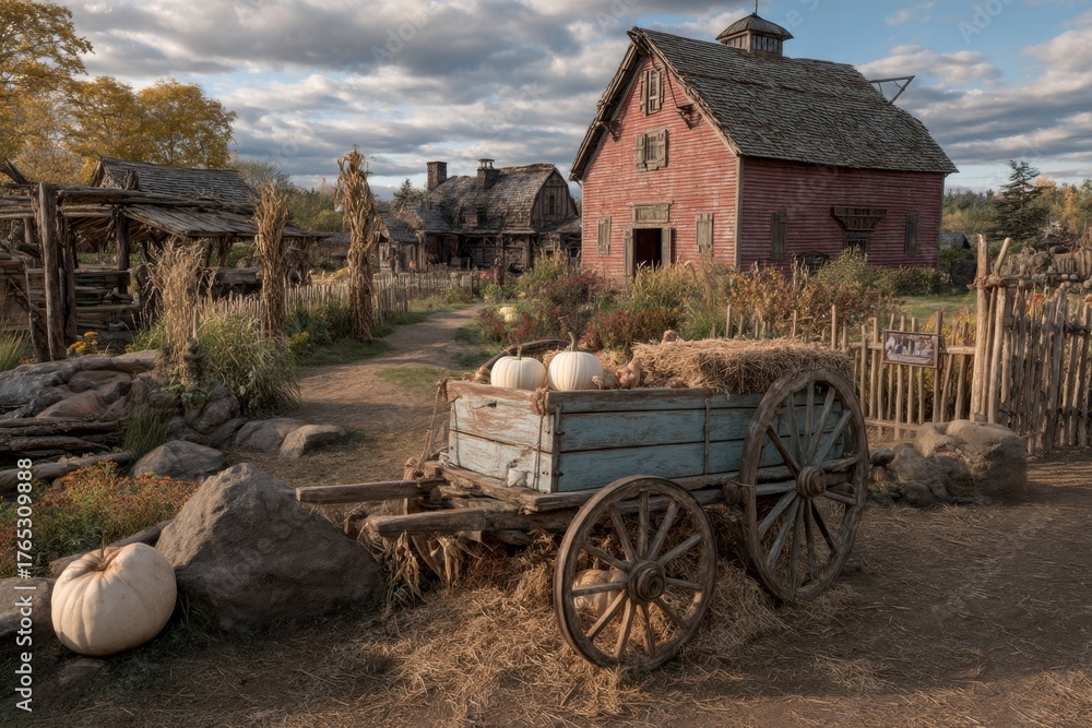 Obraz premium outdoor wooden cart filled with pumpkins and hay in rustic farm setting, red barn in background, golden sunlight, autumn festival mood, no text.