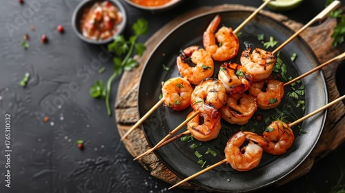 Grilled shrimp skewers marinated in dragon fruit salsa, served on a rustic wooden table.