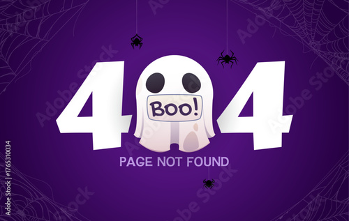 Halloween 404 page not found, unknown error. Cute vector cartoon ghost holding a boo sign inside large white numbers, hanging spiders and subtle cobwebs. Website error page, internet connection error