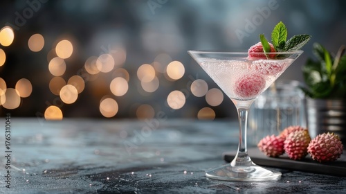 A close-up of a lychee martini, garnished with a lychee fruit and mint.